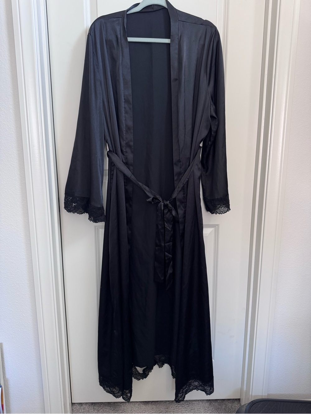 Black Satin Robe with Lace Trim